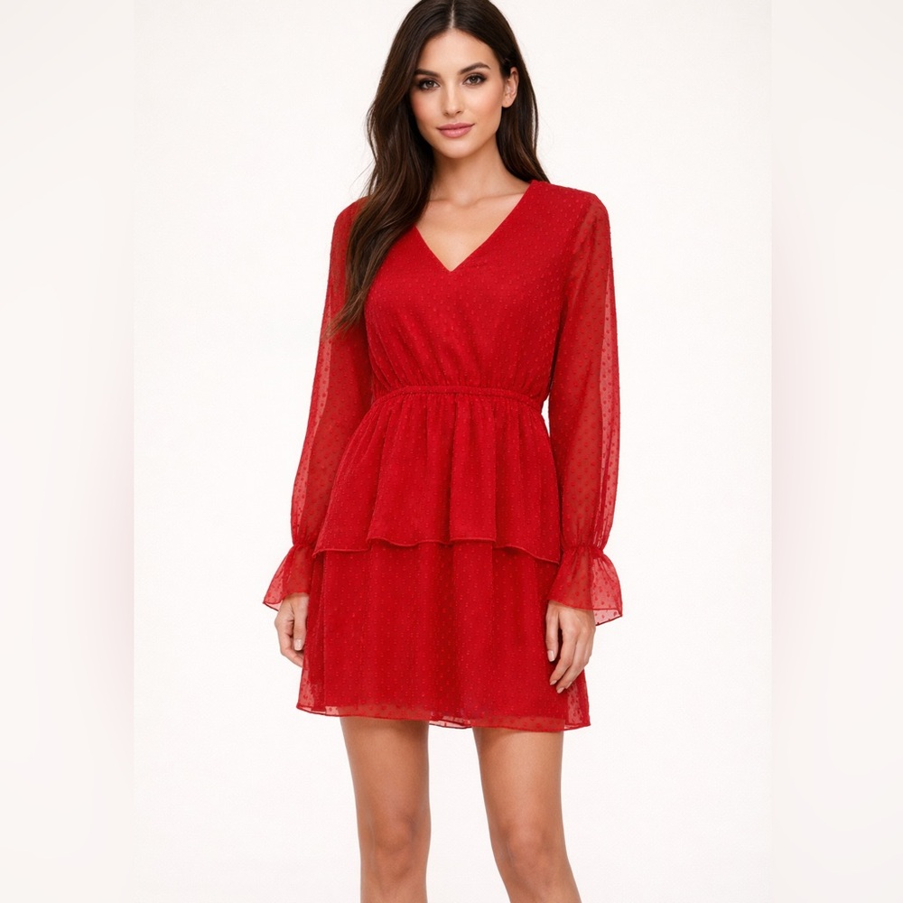 Boohoo Red Long Sleeve Flowy‎ Layered Mini Dress Valentines